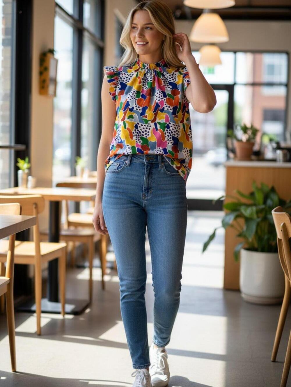 Emery Rose Women's Multicolor Abstract Print Sleeveless Blouse, Large Boutique